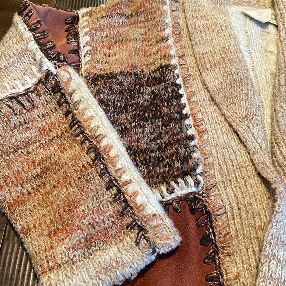 Vintage Kensington Patchwork Cable Knit & Leather Boho Cardigan Sweater large - Picture 2 of 8